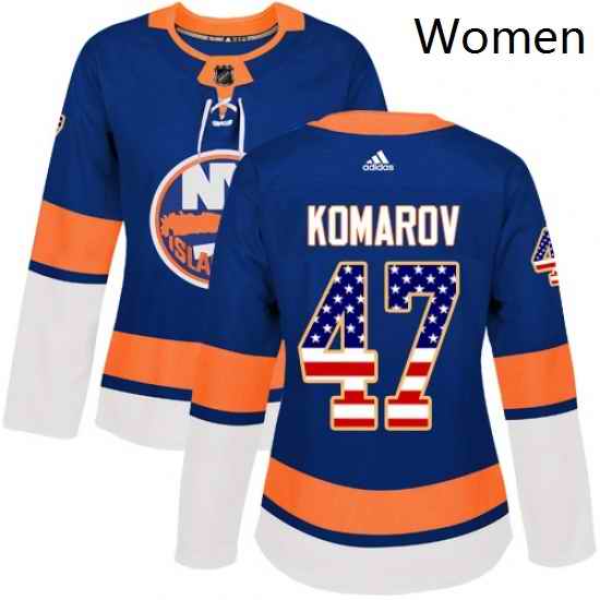 Womens Adidas New York Islanders 47 Leo Komarov Authentic Royal Blue USA Flag Fashion NHL Jersey